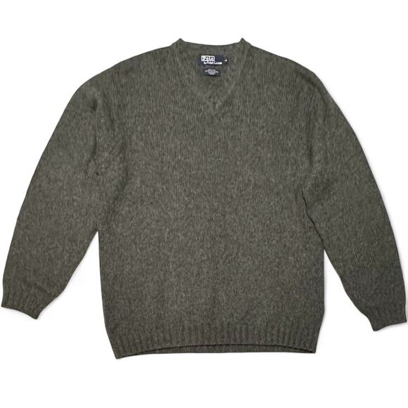 Polo Ralph Lauren Sweater Sz L Gray Cotton Wool Alpaca V Neck Suede Patches Y2K - Picture 5 of 8